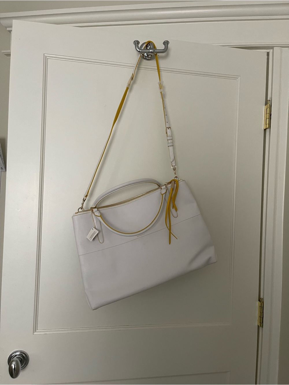 Coach White Leather Tote with Yellow Accent Strap
